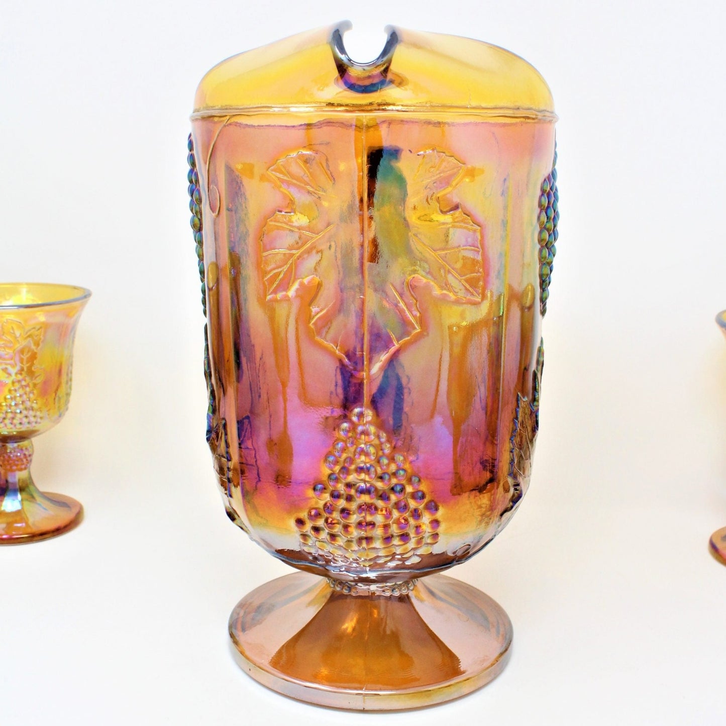 Pitcher & Glasses, Indiana Glass, Harvest Carnival Amber, Iridescent Gold, Set of 9, Vintage