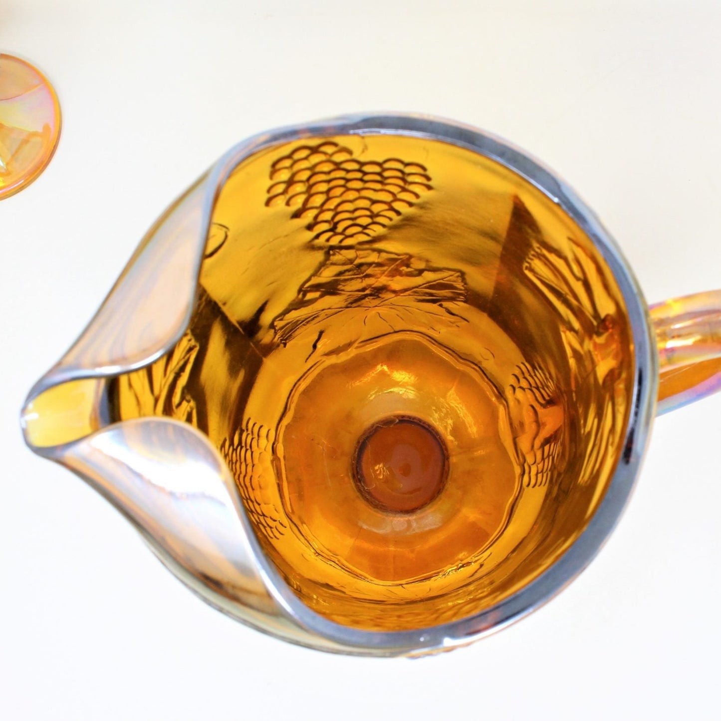 Pitcher & Glasses, Indiana Glass, Harvest Carnival Amber, Iridescent Gold, Set of 9, Vintage