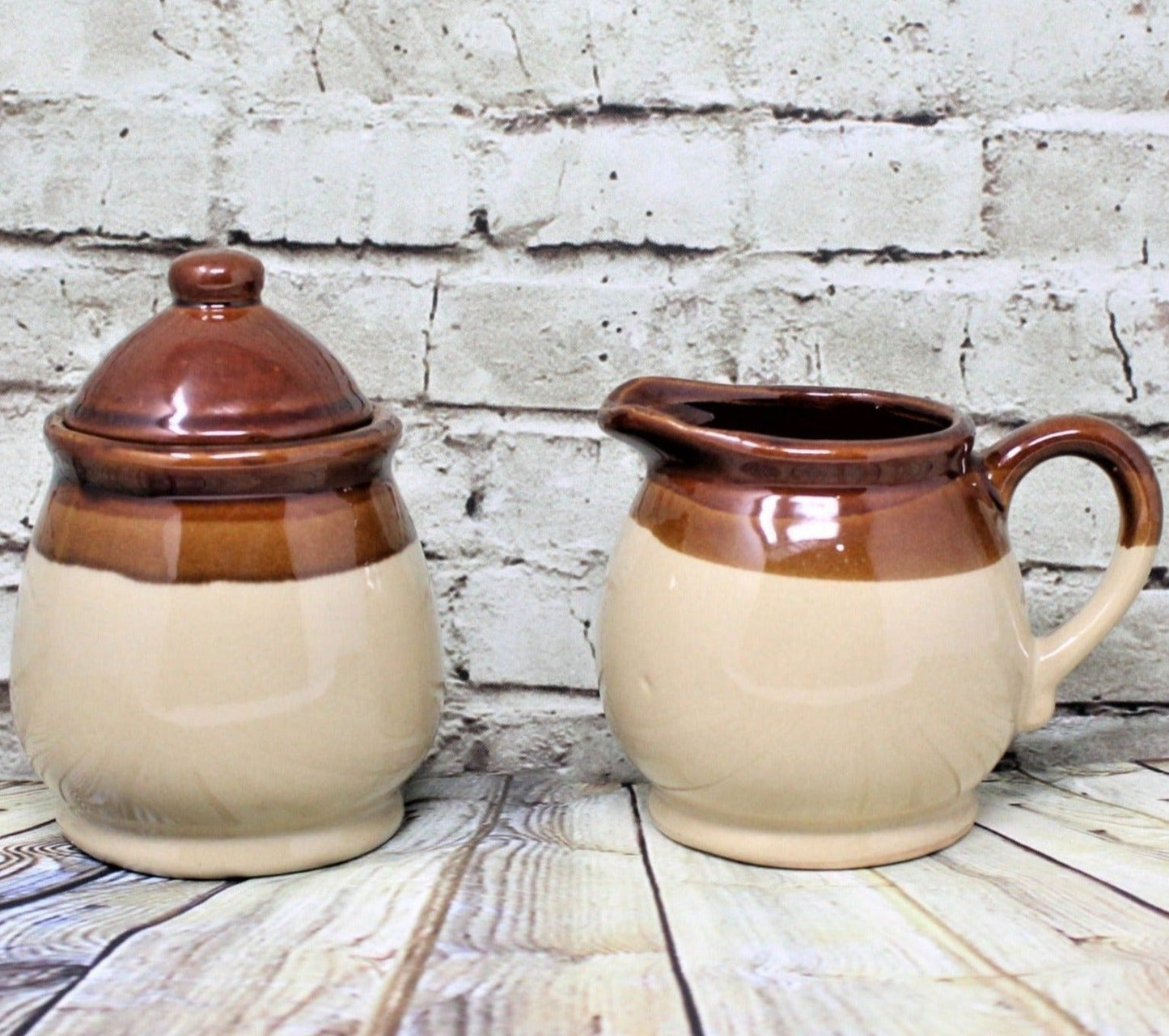 Creamer & Sugar with Lid, Gailstyn-Sutton Brittany Brown & Tan Stoneware, Vintage
