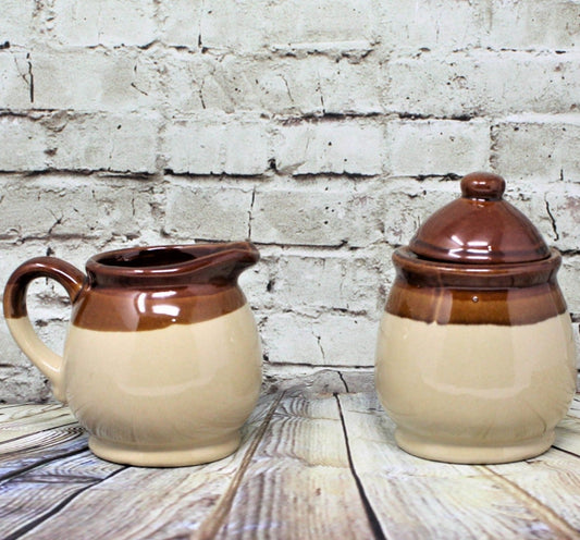 Creamer & Sugar with Lid, Gailstyn-Sutton Brittany Brown & Tan Stoneware, Vintage