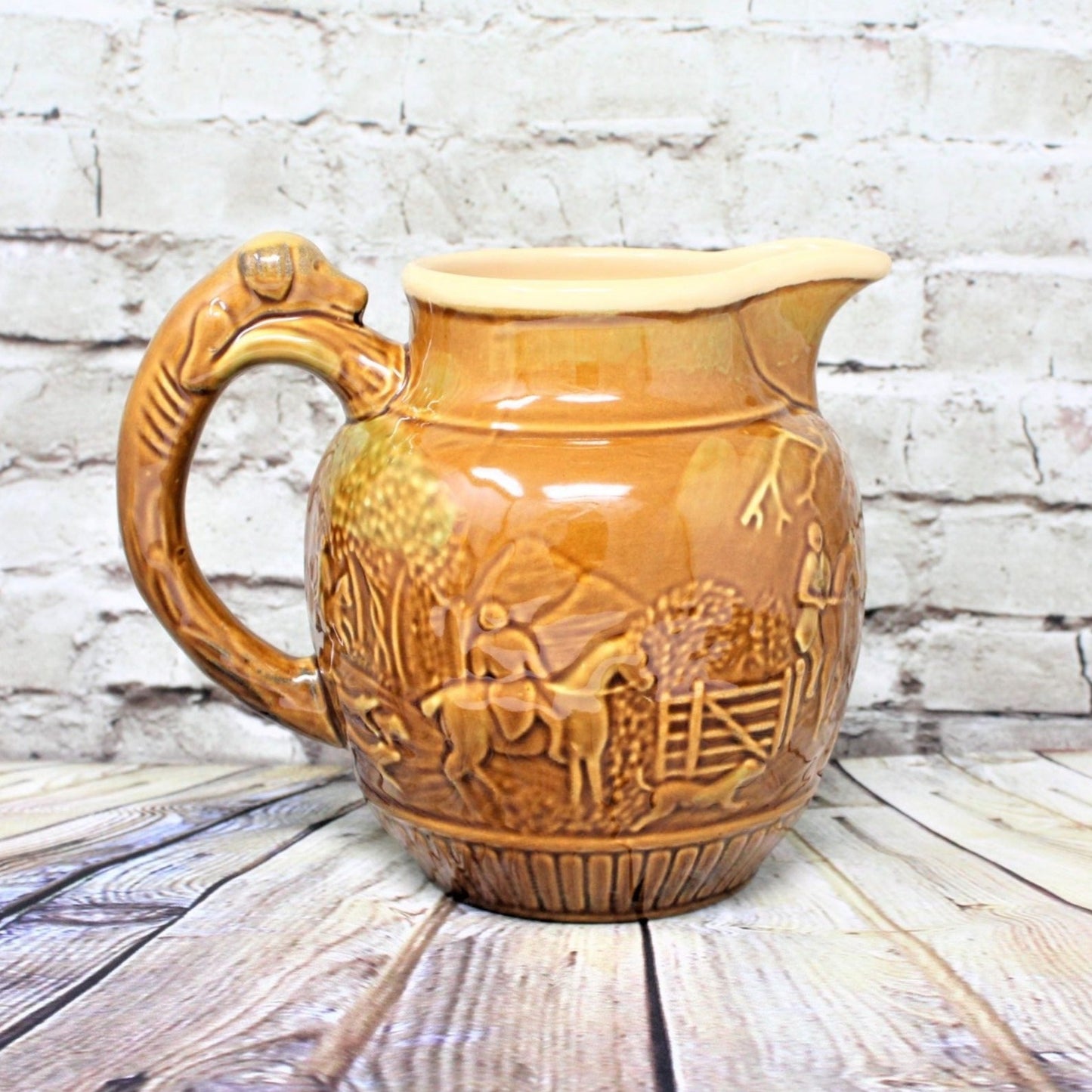 Pitcher, Dog Handle / Hunting Scene, Vintage Pottery
