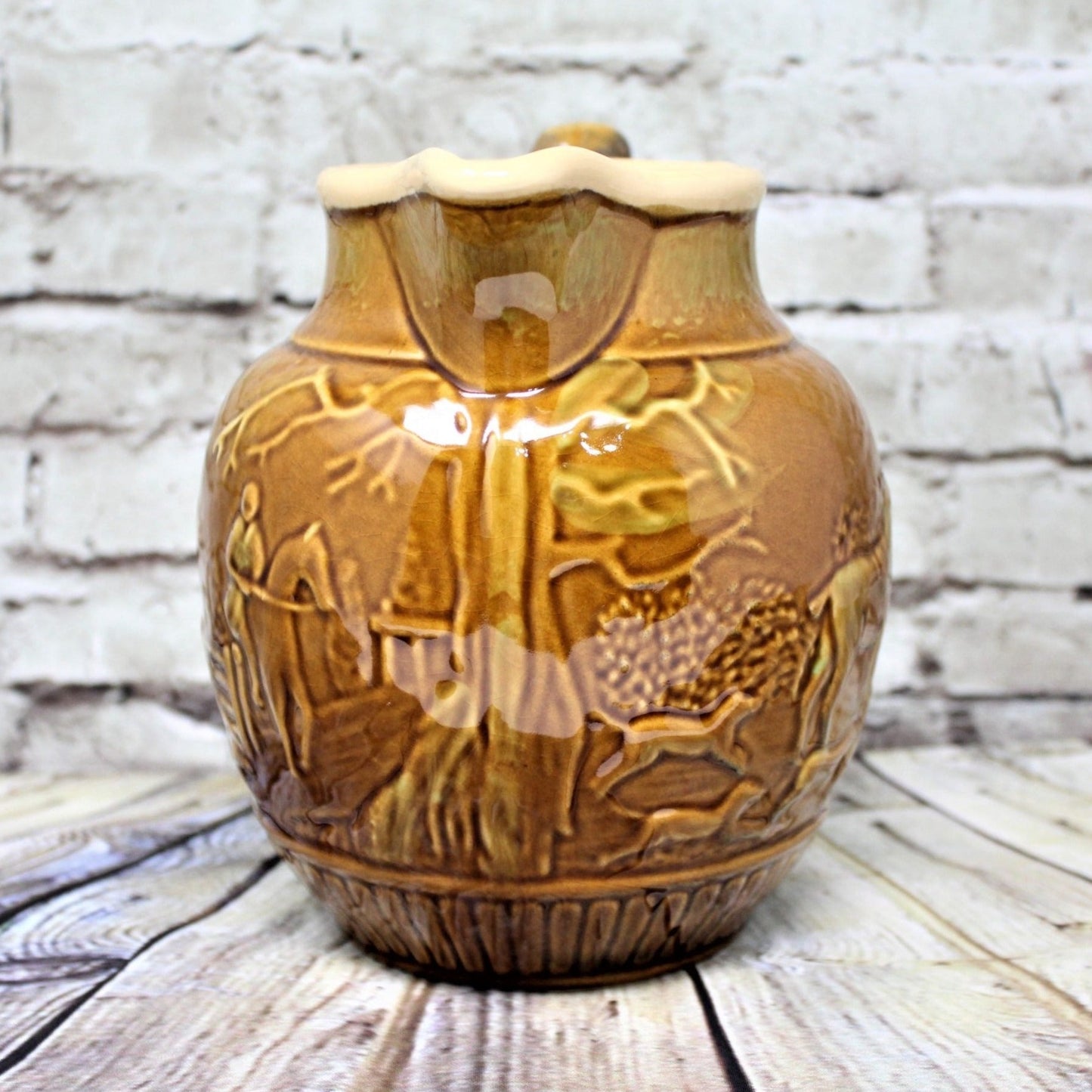 Pitcher, Dog Handle / Hunting Scene, Vintage Pottery