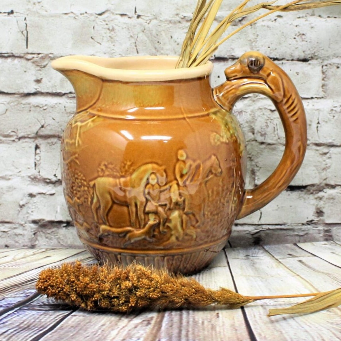 Pitcher, Dog Handle / Hunting Scene, Vintage Pottery