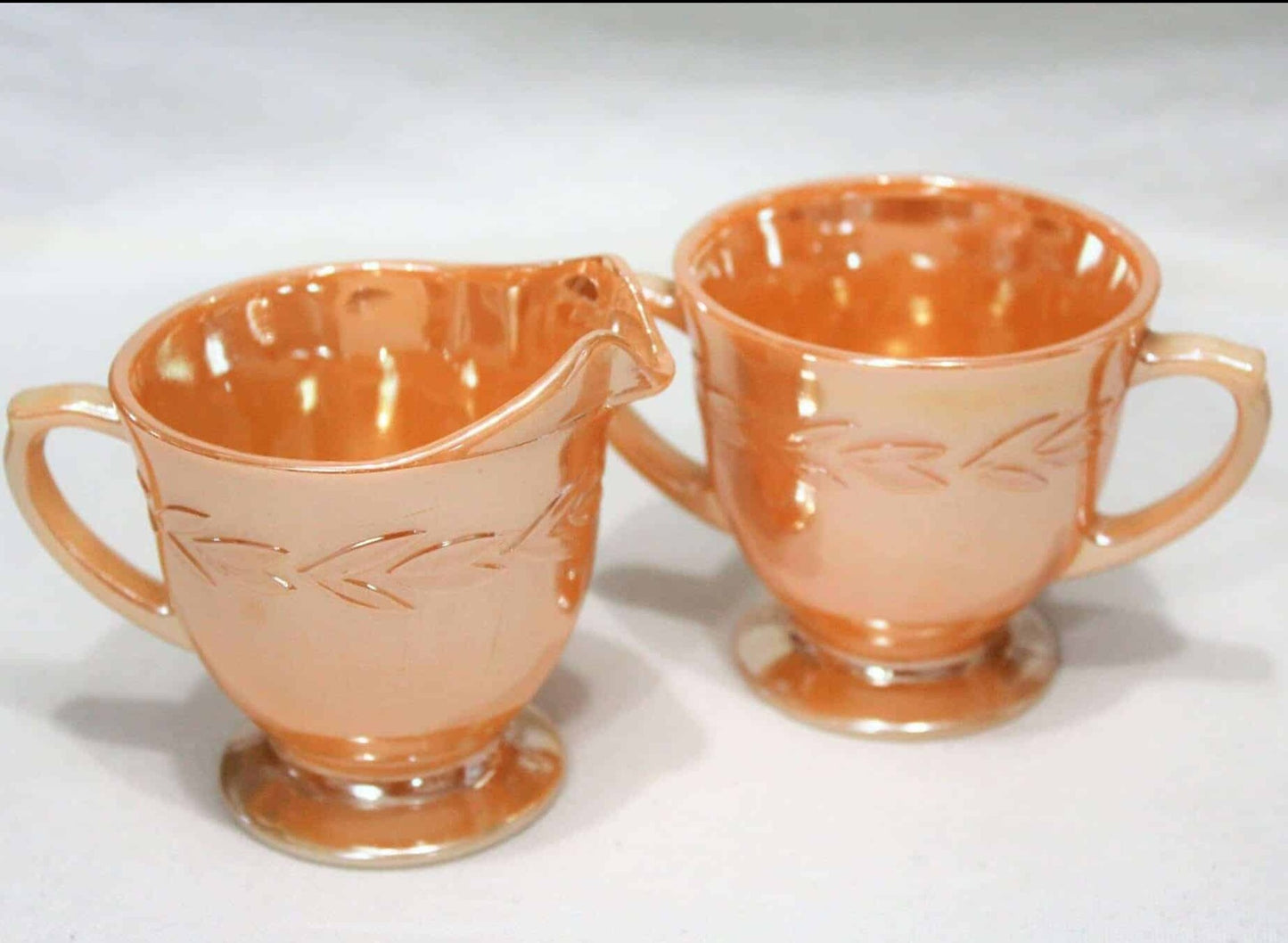 Creamer & Open Sugar, Anchor Hocking Fire King, Laurel Peach Lusterware Jadeite, Vintage