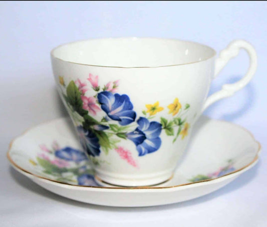 Teacup and Saucer, Royal Ascot, Blue Morning Glory, Bone China, Vintage