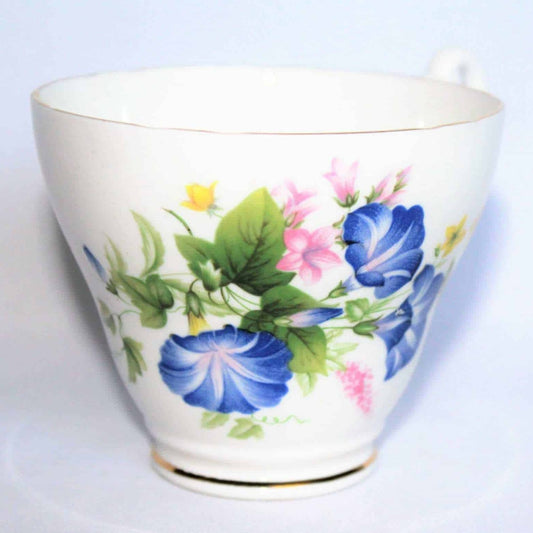 Teacup and Saucer, Royal Ascot, Blue Morning Glory, Bone China, Vintage