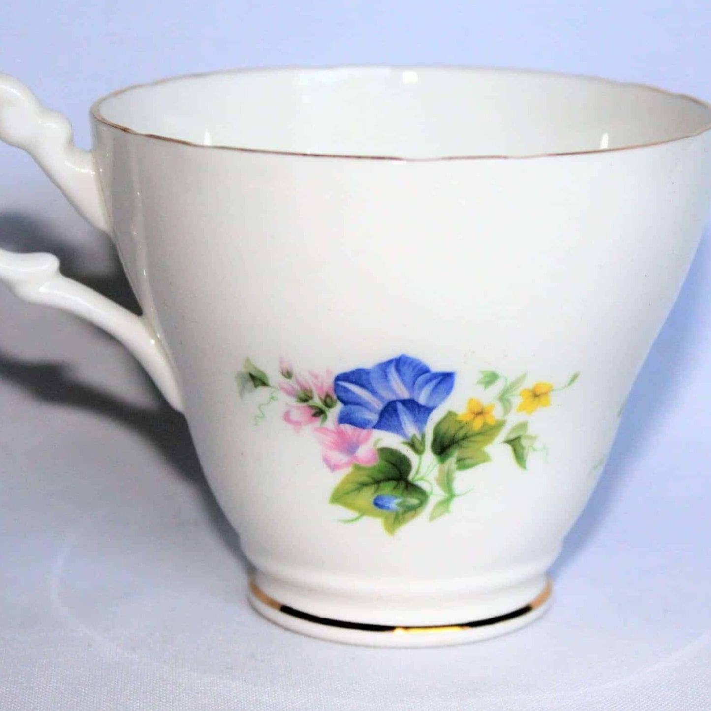 Teacup and Saucer, Royal Ascot, Blue Morning Glory, Bone China, Vintage