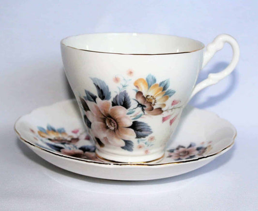 Teacup and Saucer, Royal Ascot, Peach & Yellow Floral, Bone China, Vintage