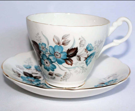 Teacup and Saucer, Royal Ascot, Aqua Flowers, Bone China, Vintage