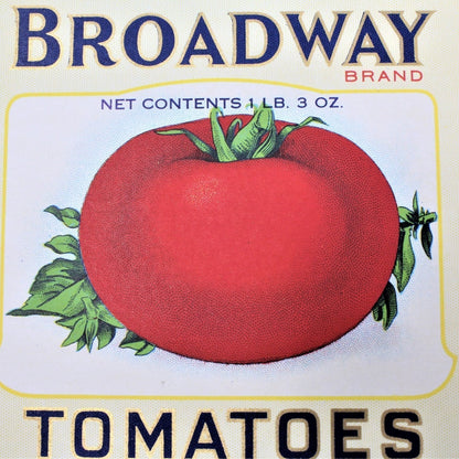Can Label, Broadway Brand Tomatoes, Original Lithograph, NOS, Antique 1920's