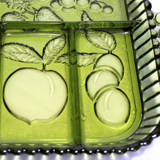 Divided Serving Tray, Indiana Glass, Fruits Avocado Green, Vintage, SOLD
