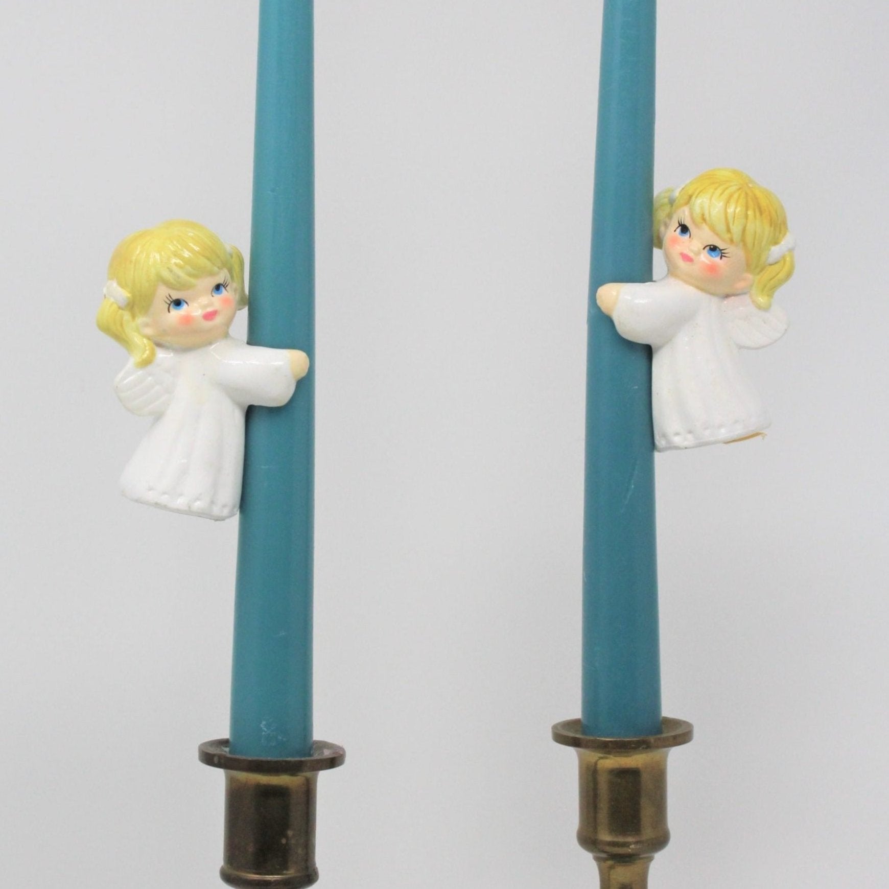 Vintage Candle Huggers, Ceramic Angels, hand painted set of two.  Mid century Candle Climbers, Angel in Pigtails, RARE, Brinn's Holiday Collectibles.