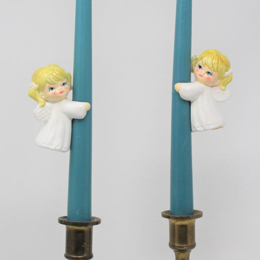 Vintage Candle Huggers, Ceramic Angels, hand painted set of two.  Mid century Candle Climbers, Angel in Pigtails, RARE, Brinn's Holiday Collectibles.