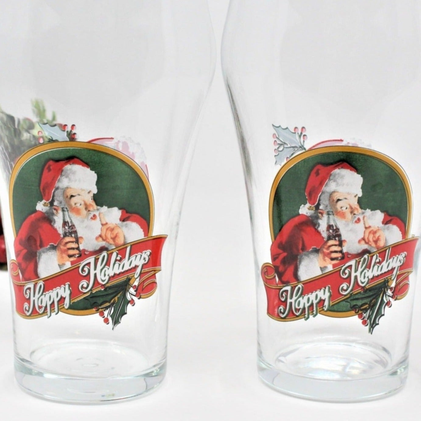 Coca Cola Bell Glasses, Happy Holidays, Santa, Set of 2