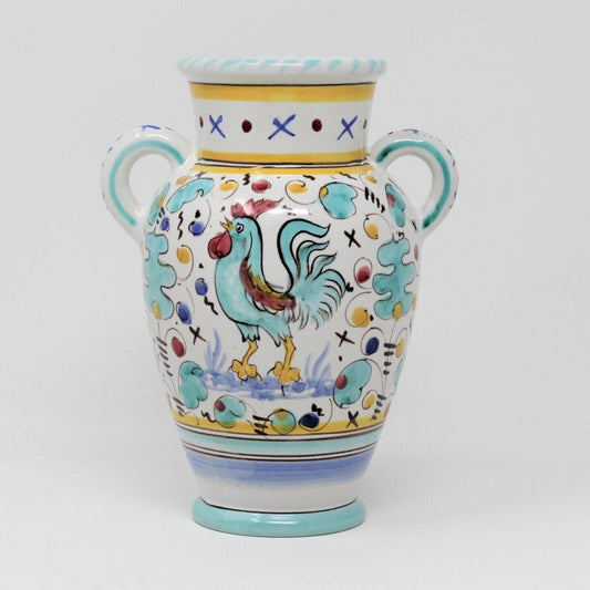 Vase, Deruta Pottery, Green Rooster Urn, Italian Ceramic, 2004