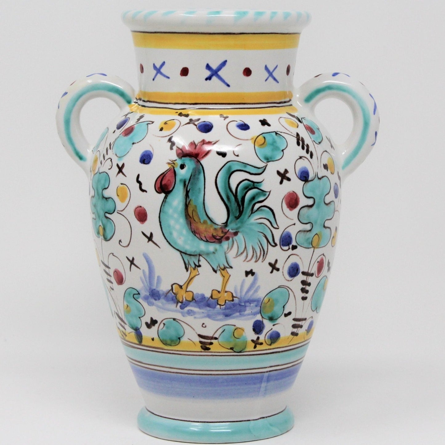 Vase, Deruta Pottery, Green Rooster Urn, Italian Ceramic, 2004