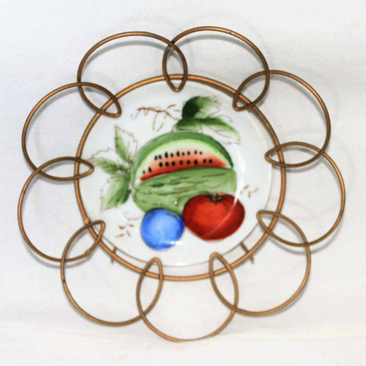Decorative Plates, Fruits, Hand Painted, Wire Frames, Set of 2, Vintage Japan