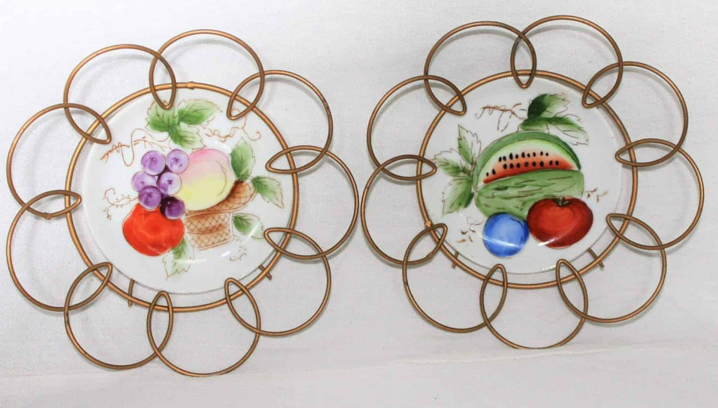 Decorative Plates, Fruits, Hand Painted, Wire Frames, Set of 2, Vintage Japan