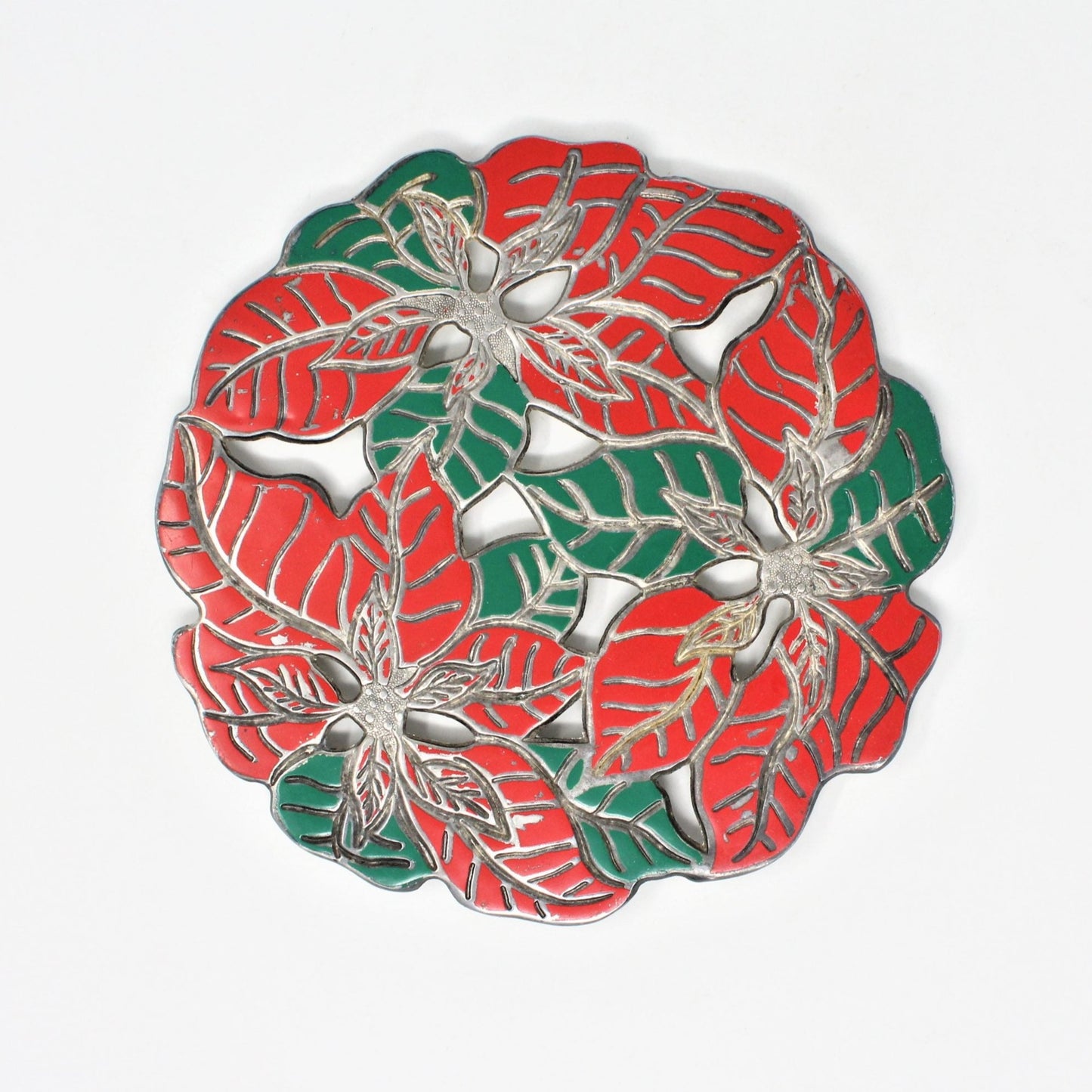 Trivet, Oneida, Poinsettia Silverplate & Enamel, Christmas Tableware, Vintage