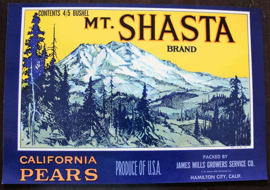 Crate Label, Mt Shasta California Pears, Original Lithograph, NOS, Vintage