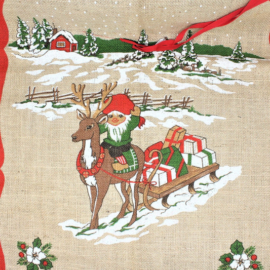 Bag / Burlap Gift Sack, Holiday Gnome / Elf, Unused 36 x 24, Scandinavian, Vintage