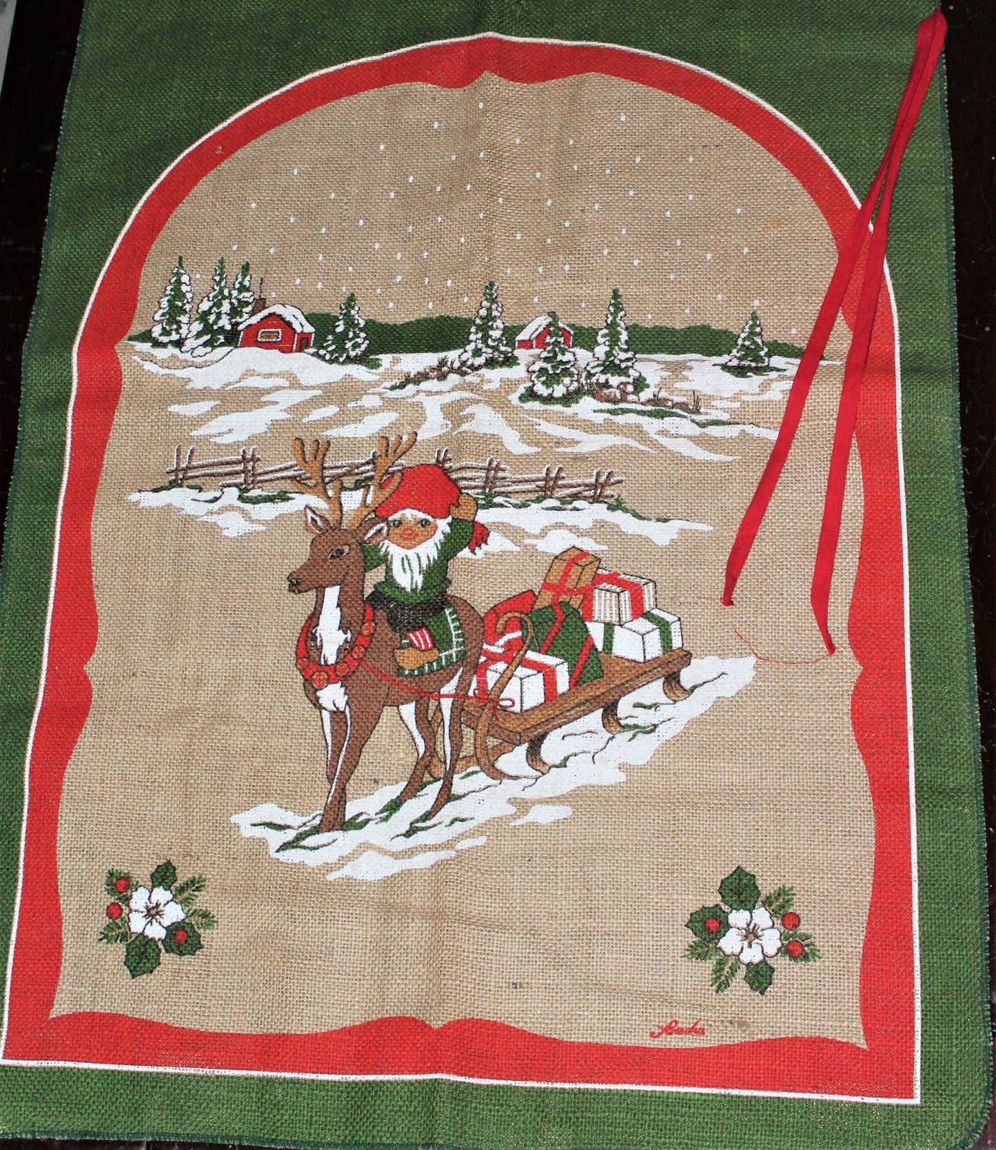 Bag / Burlap Gift Sack, Holiday Gnome / Elf, Unused 36 x 24, Scandinavian, Vintage