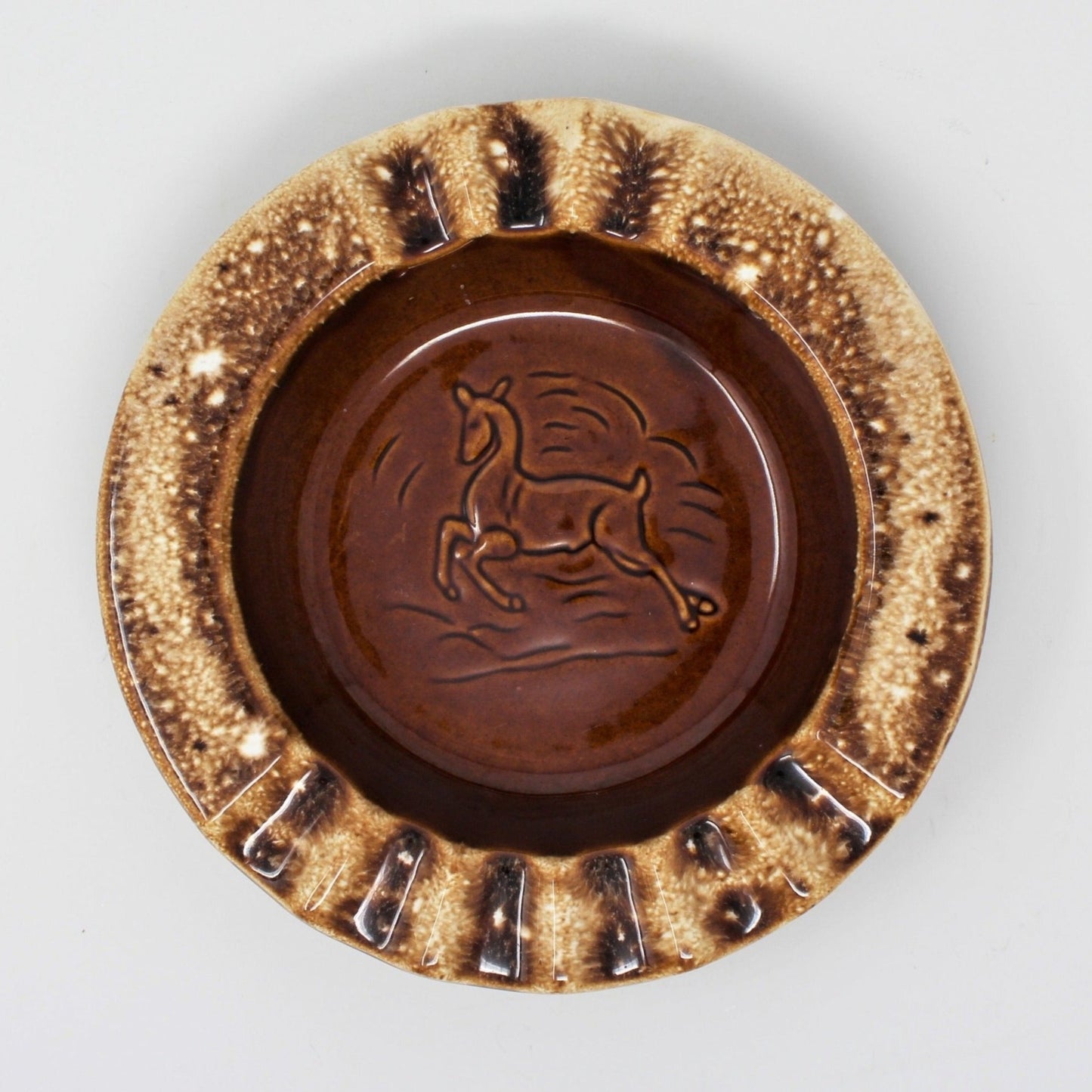 Ashtray, Hull Pottery, Leaping Deer, Brown Drip Glaze, Vintage