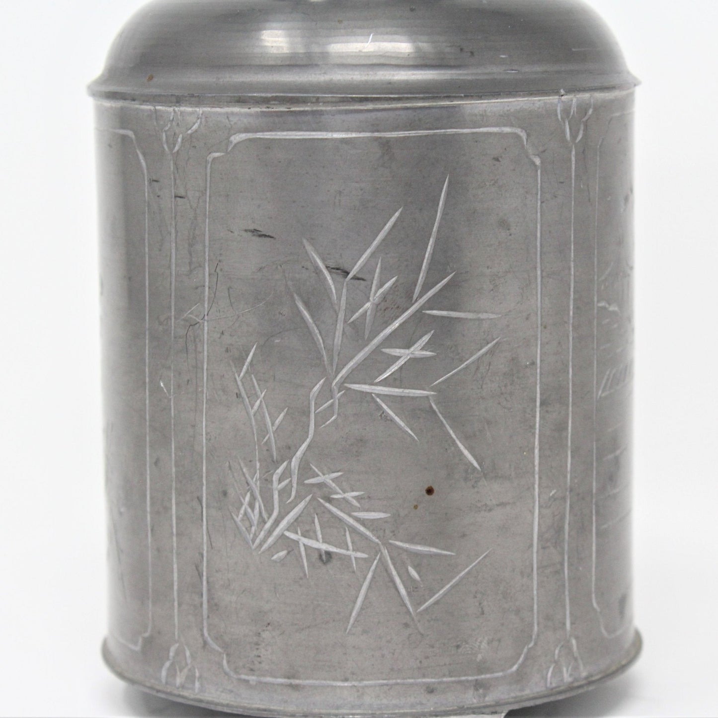 Tea Caddy, Round Pewter / Paktong, Etched Designs, Hong Kong, Antique, RARE