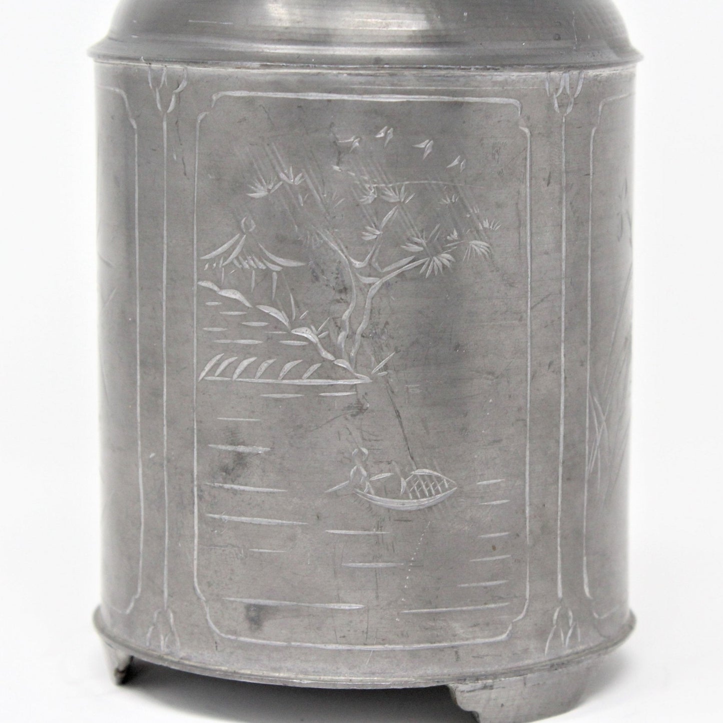 Tea Caddy, Round Pewter / Paktong, Etched Designs, Hong Kong, Antique, RARE