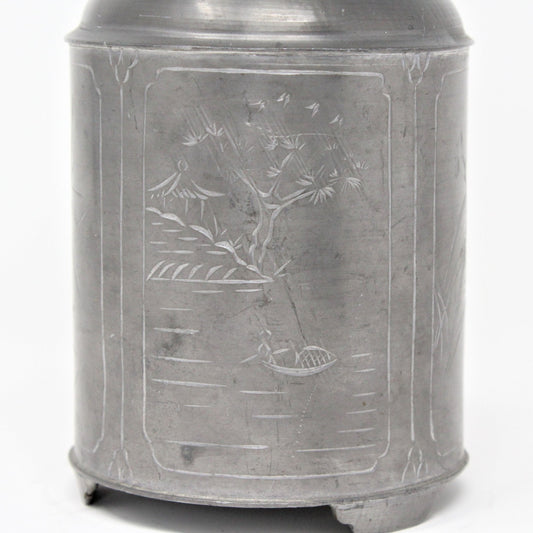 Tea Caddy, Round Pewter / Paktong, Etched Designs, Hong Kong, Antique, RARE