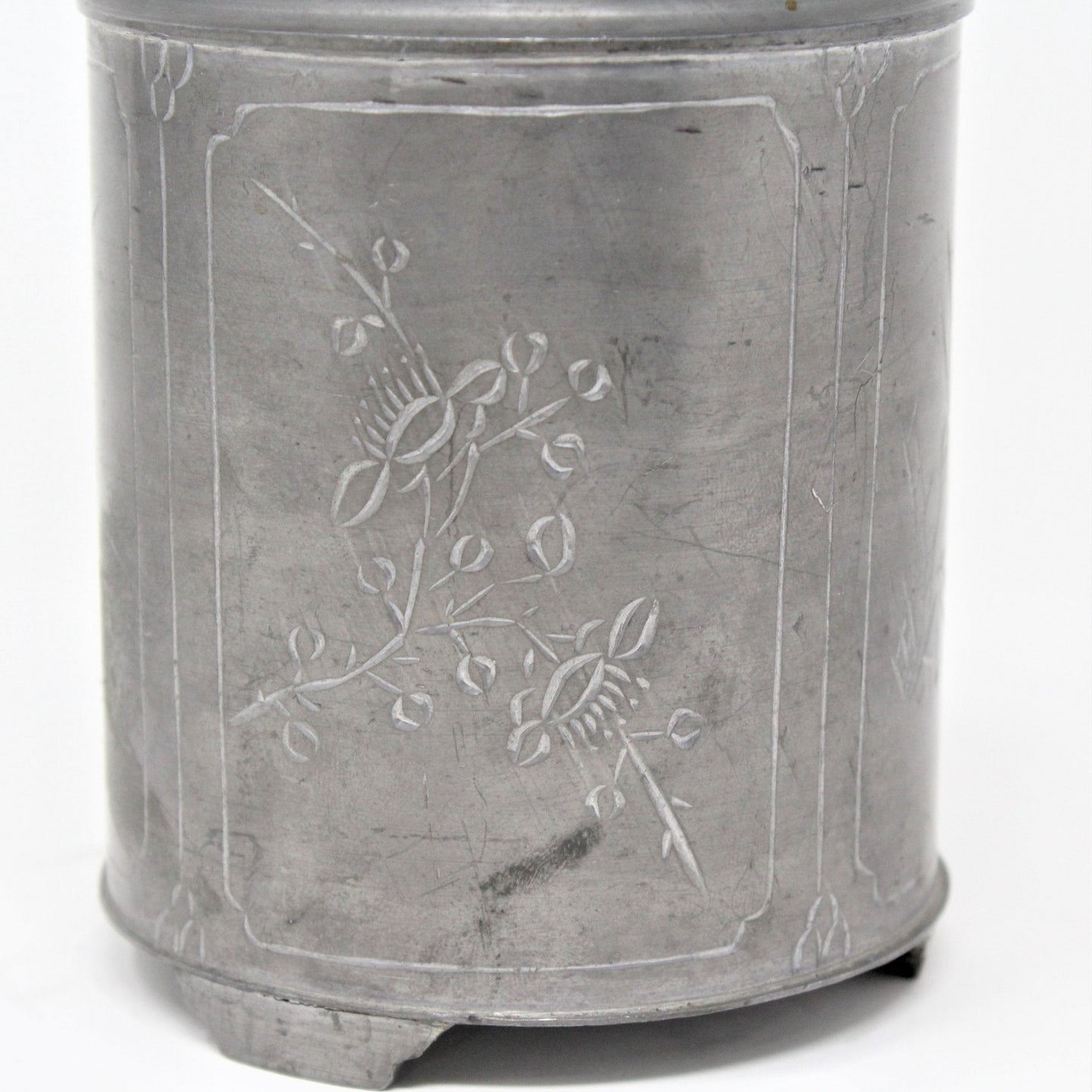 Tea Caddy, Round Pewter / Paktong, Etched Designs, Hong Kong, Antique, RARE