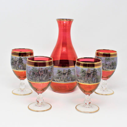 Decanter & Glasses, Red Glass Italian Renaissance Scene, 5 Pcs, Vintage
