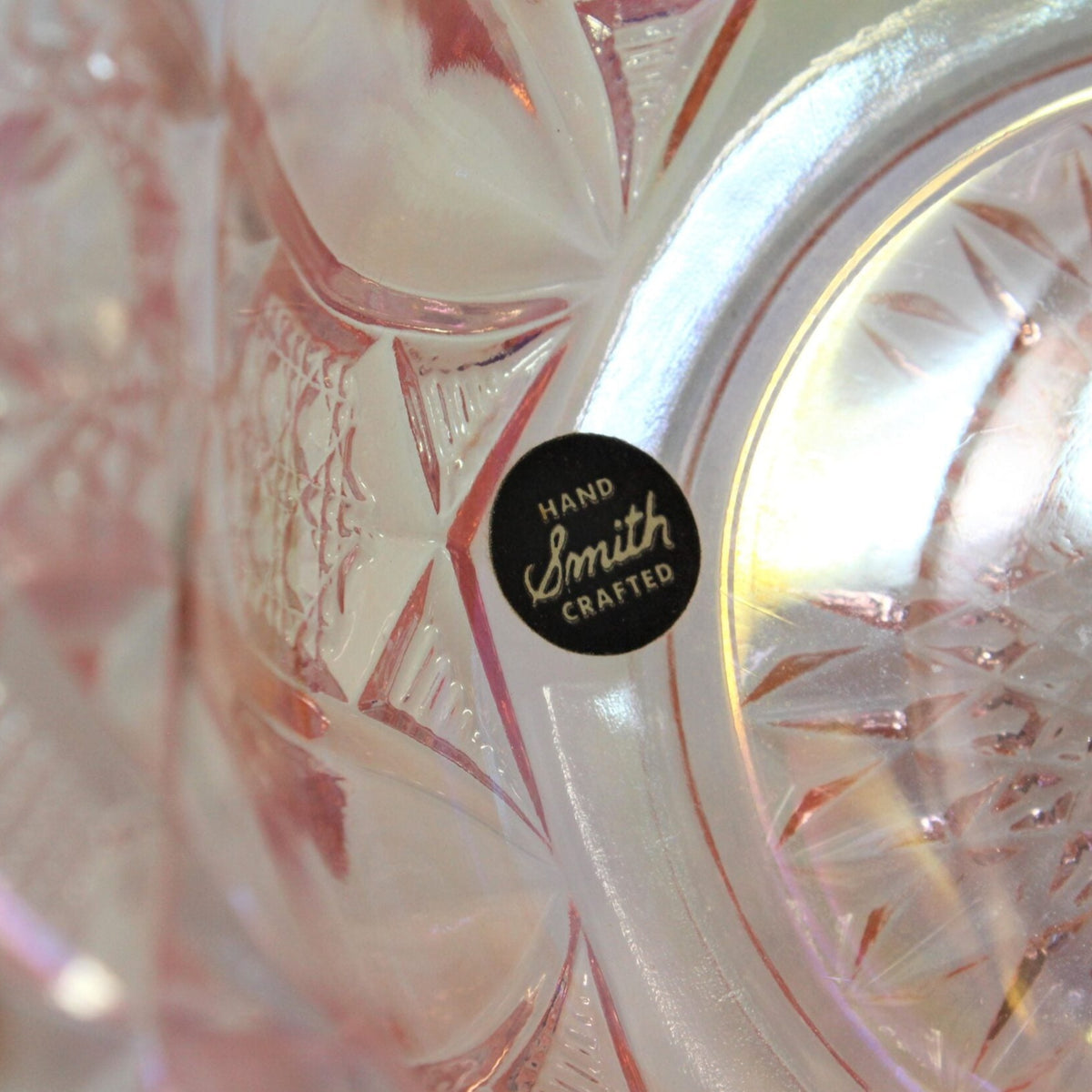 Basket: L.E. Smith Glass, Quintec, Pink Carnival Glass, Original Smith Label, USA, Vintage 1970s - SOLD
