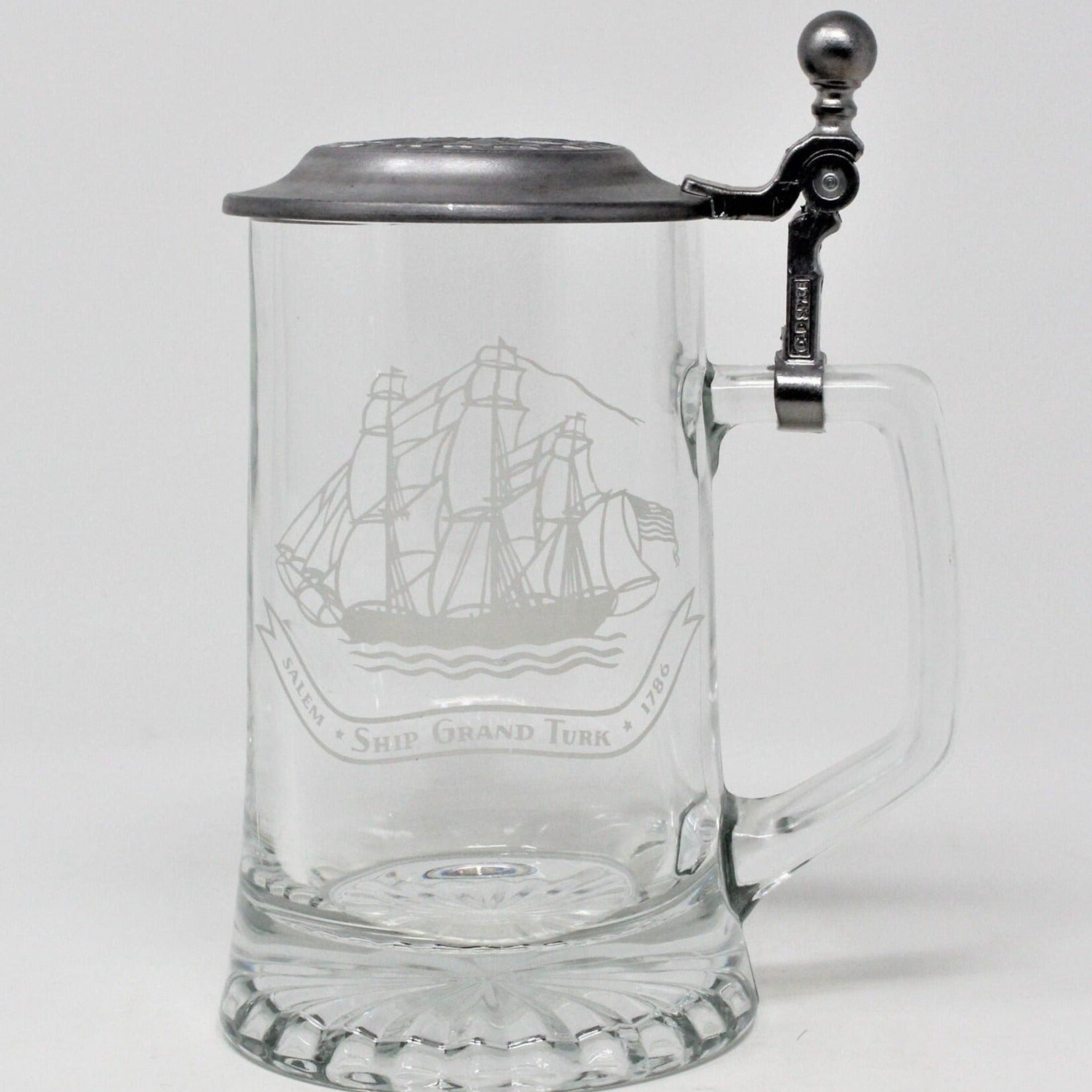 Vintage Glass Mug Etched Schooner Boat Large Clear Glass Stein