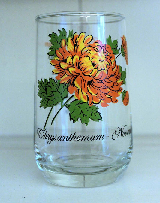 Glasses, Tumbler, Brockway Glass Flower of the Month, November / Chrysanthemum, Vintage