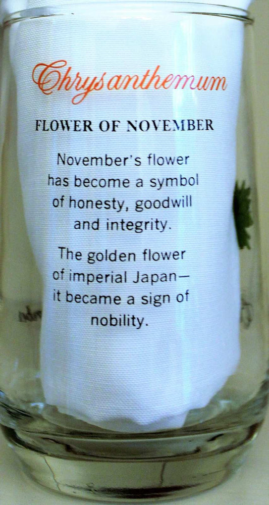 Glasses, Tumbler, Brockway Glass Flower of the Month, November / Chrysanthemum, Vintage