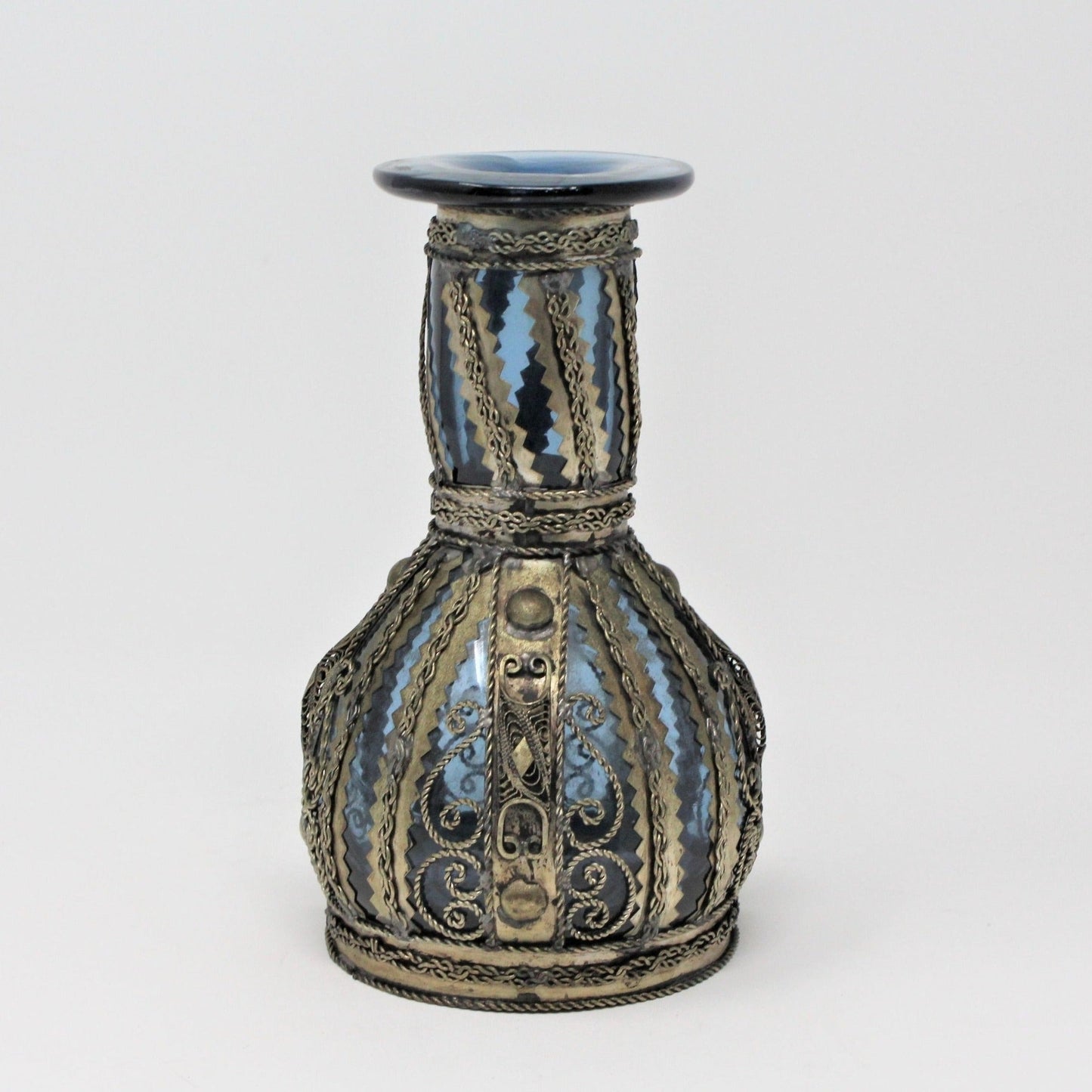 Vase, Metal Wrapped / Caged Blue Glass, Rare, Vintage, SOLD