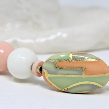 Necklace, Graduated Beads, Pastel Pink, White, Green, 29", Vintage Japan