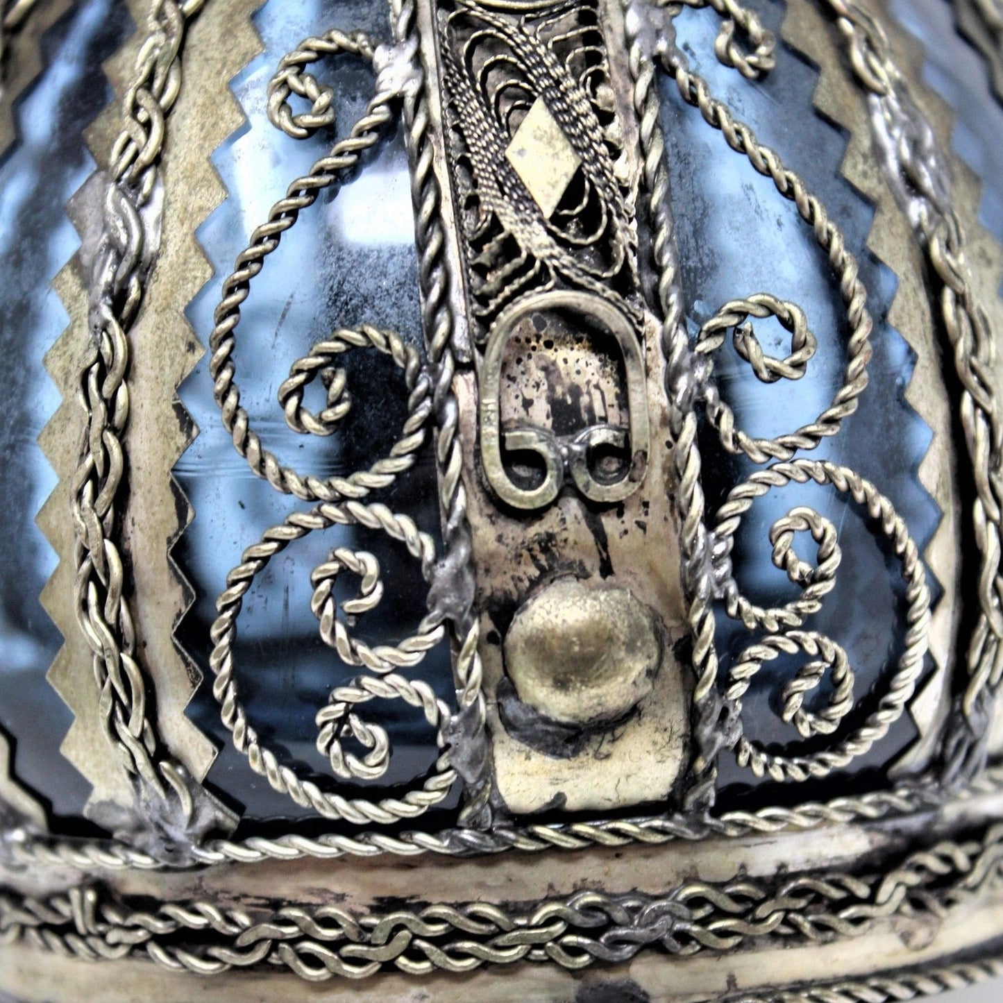 Vase, Metal Wrapped / Caged Blue Glass, Rare, Vintage, SOLD