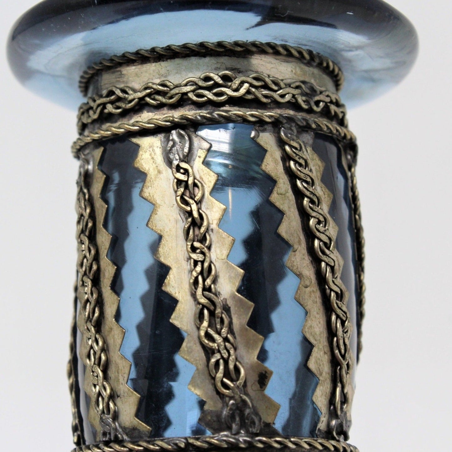 Vase, Metal Wrapped / Caged Blue Glass, Rare, Vintage, SOLD