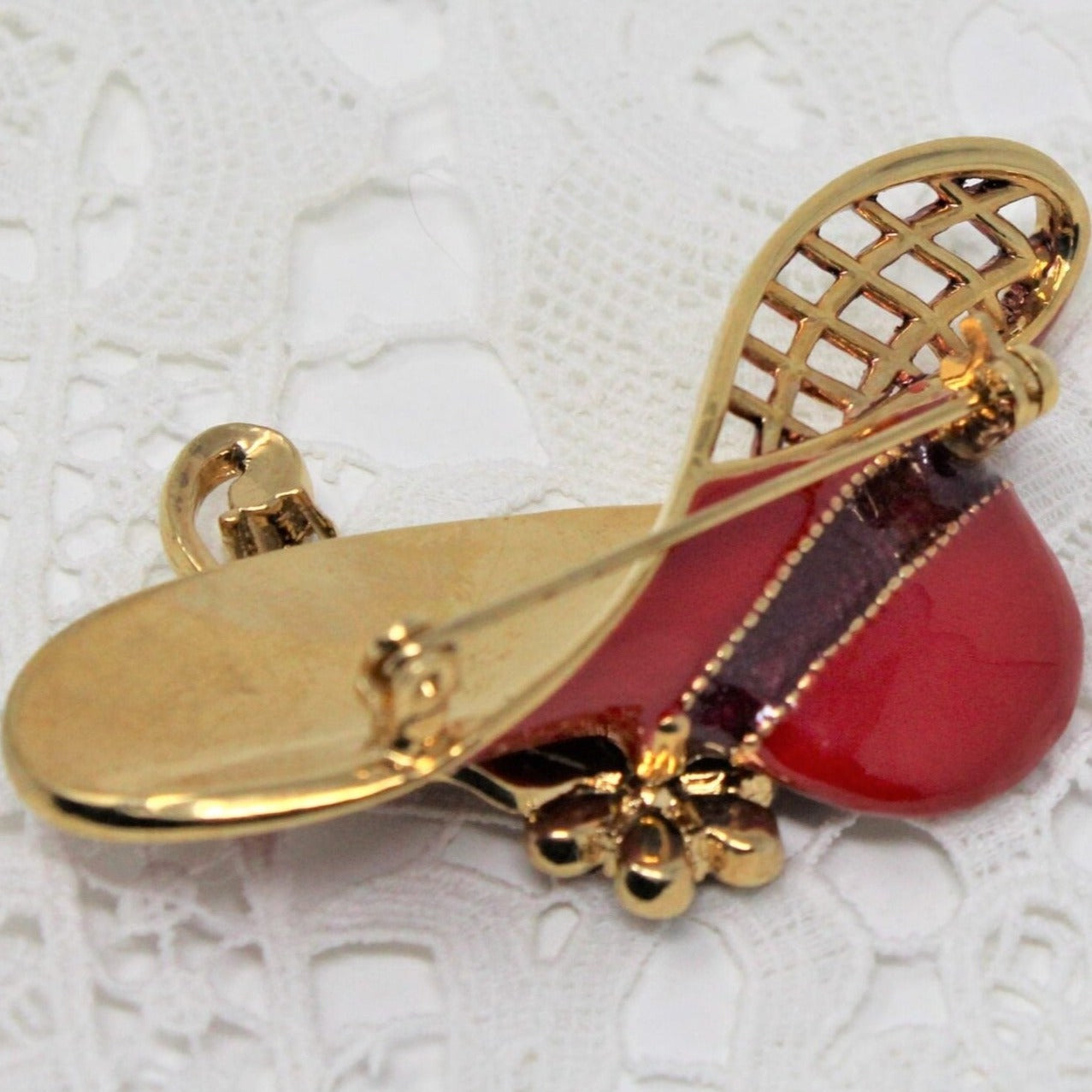 Brooch / Pin, Avon, Red Hat Enamel, Aurora Borealis Rhinestones, Gold Tone