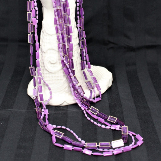 Necklace, Three Strand Purple & Violet Beads, 48", Hong Kong, Vintage