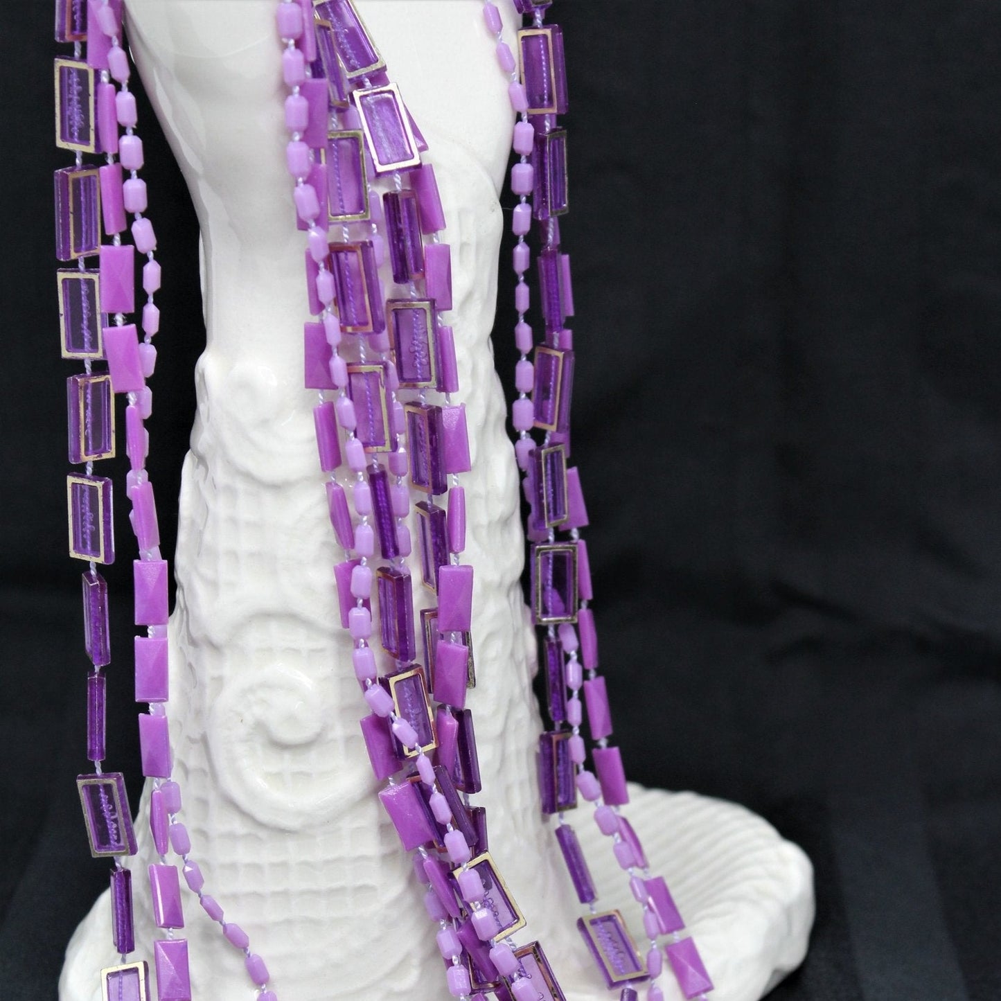 Necklace, Three Strand Purple & Violet Beads, 48", Hong Kong, Vintage
