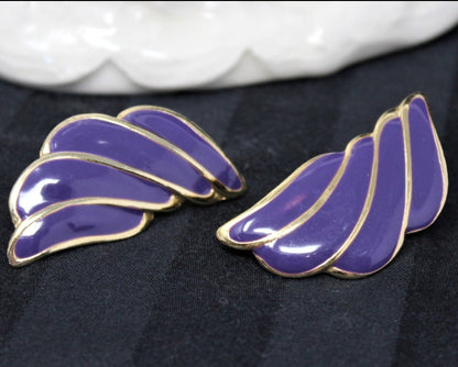 Earrings, Purple Enamel on Gold-Tone, Clips, 1980's, Vintage