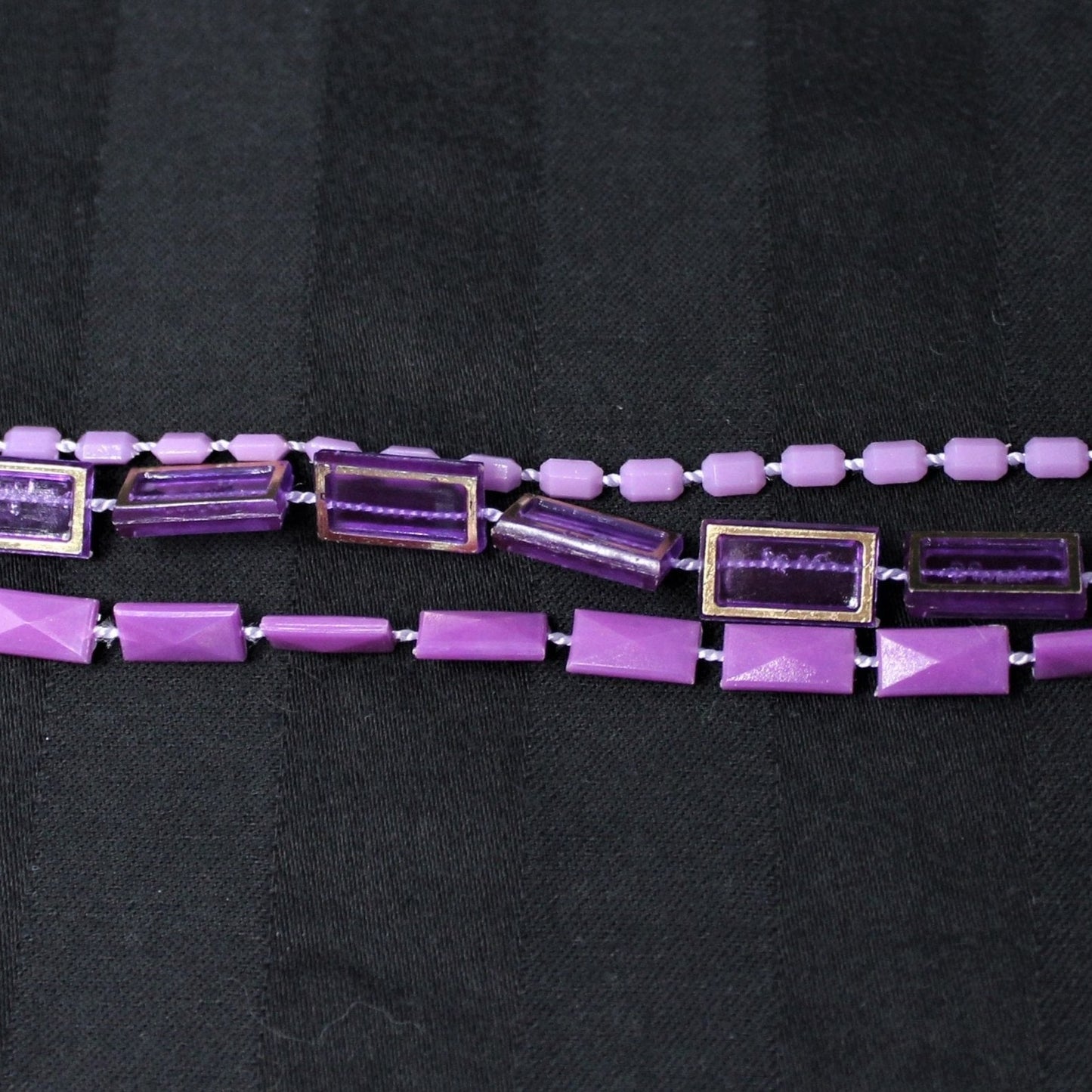 Necklace, Three Strand Purple & Violet Beads, 48", Hong Kong, Vintage