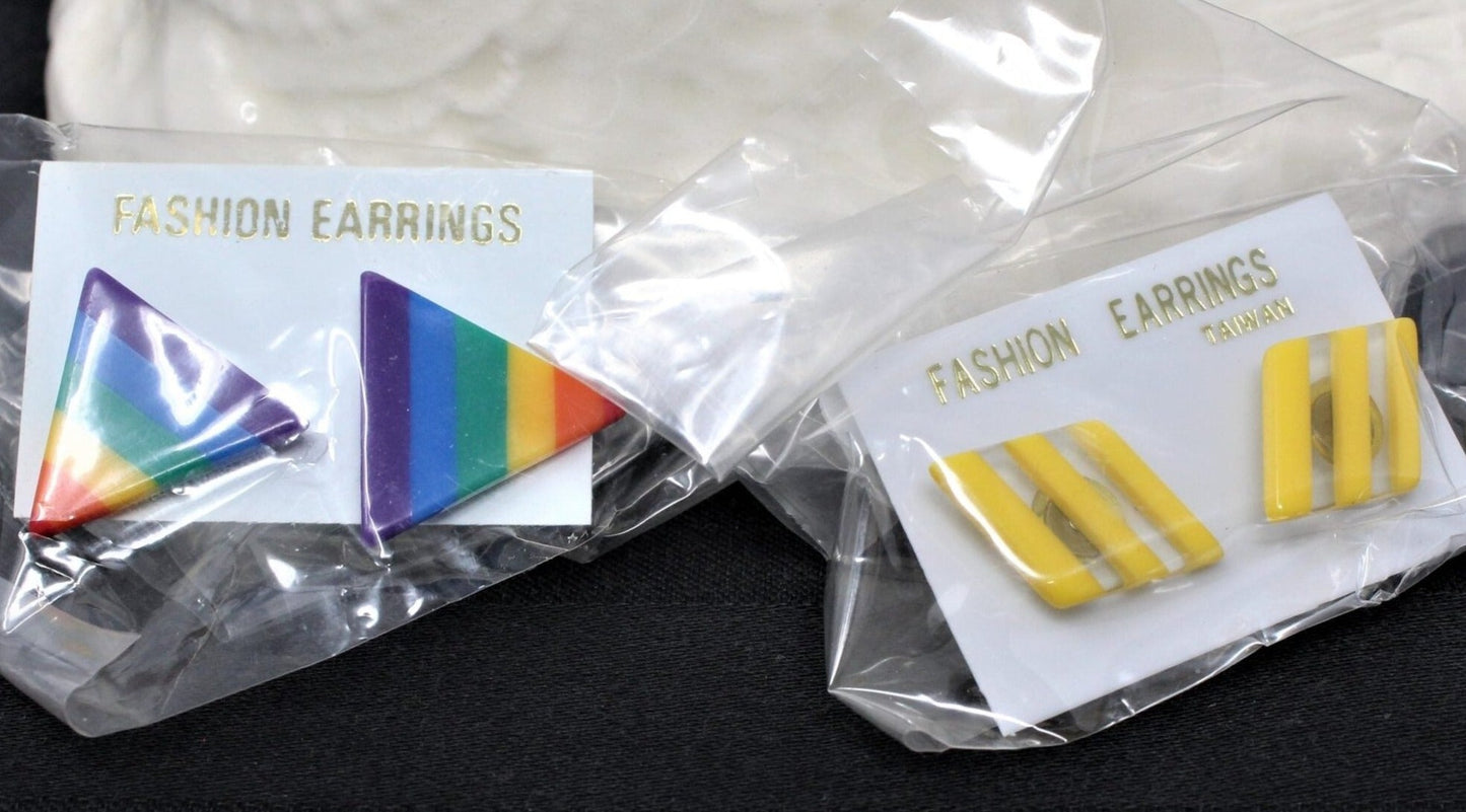 Earrings, MCM Geometric Triangle & Rhombus Stripes, 2 Pairs, Posts, Mid Century