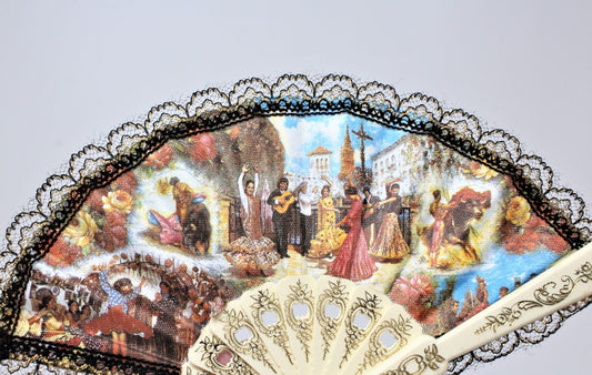 Hand Fan, Spanish Style, Flamenco Dancers / Bull Fighters, Printed Cloth, Small, Set of 2, Vintage, SOLD