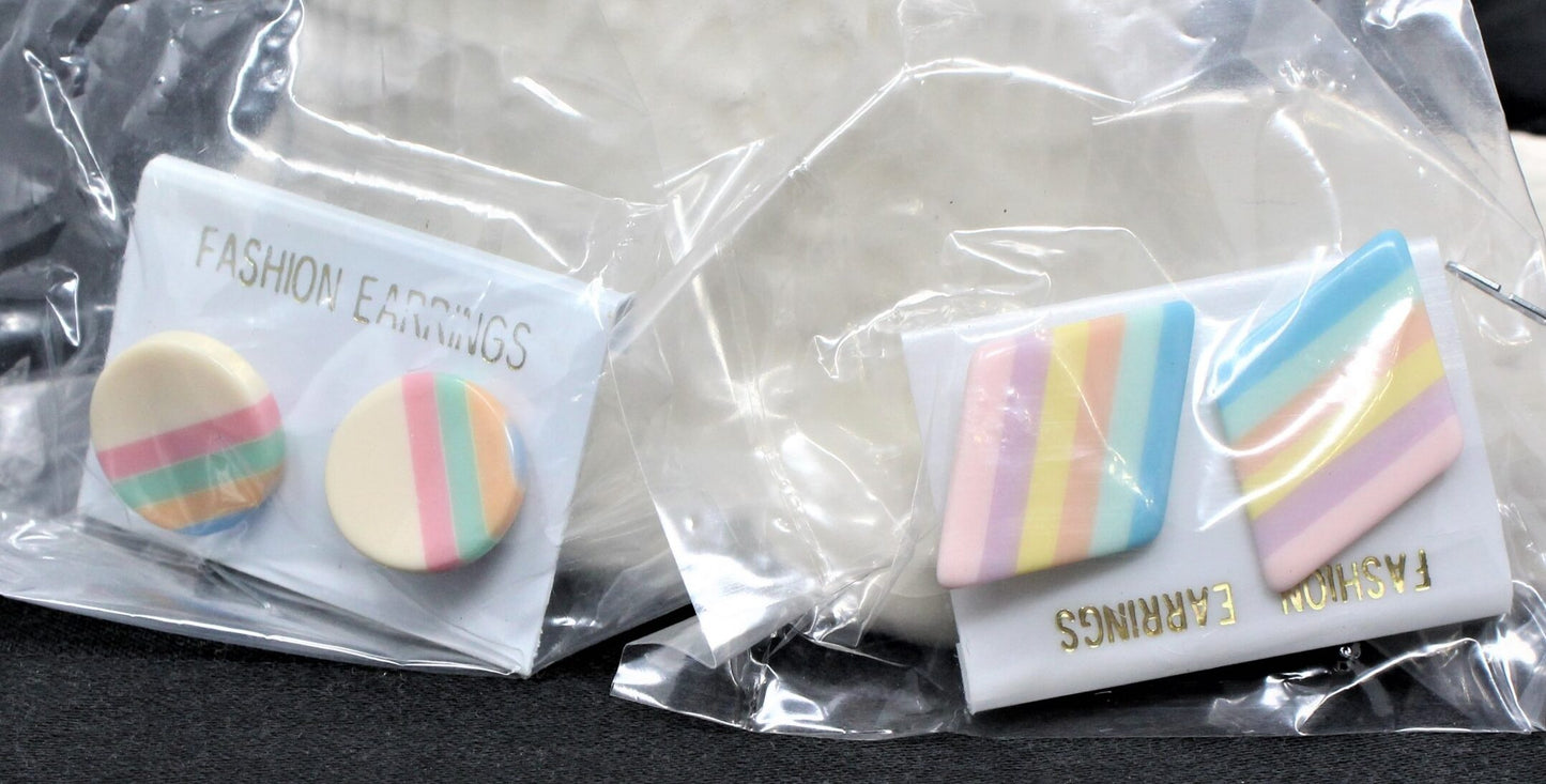 Earrings, MCM Geometric, Round & Rhombus Stripes, 2 Pairs, Posts, Vintage
