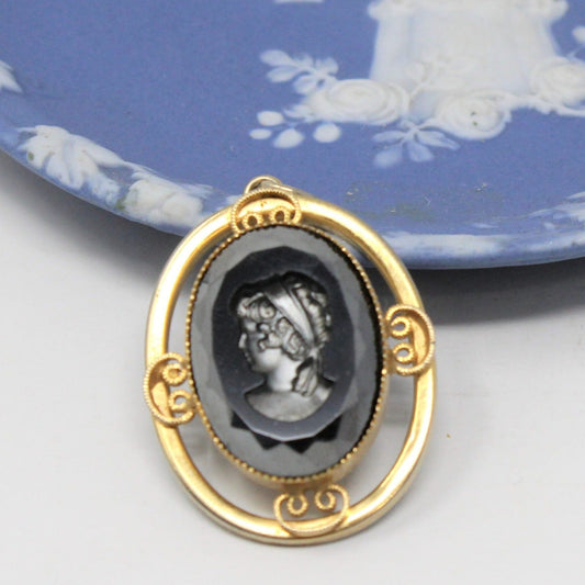 Pendant, Cameo Black Intaglio with Gold-Tone Filigree, Vintage