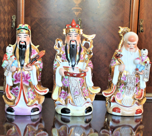Figurine, Chinese Emperor Immortals, Feng Shui, Lucky Fu, Lu, Shou, Hand Painted, 14", Vintage
